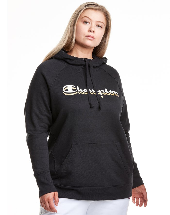 Champion Womens Hoodie NZ - Plus Powerblend Fleece Drop Shadow Foil Script Logo Black ( 4639-VSEDC )